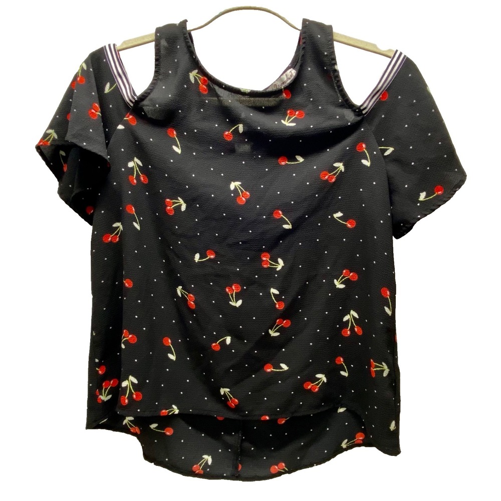 Gypsies & Moondust Cold Shoulder Top Women's Small Black Red Cherries Blouse GUC